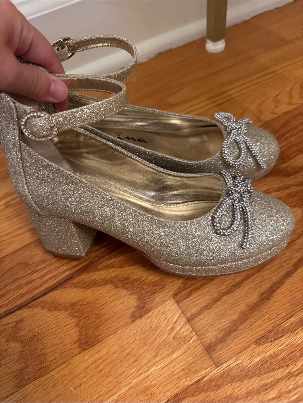 Nina Gold Glitter Ankle-Strap Dress Shoes with Crystal Bow